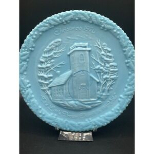 Rare Vtg Fenton Satin Blue Christmas Plate 1970 Little Brown Church In The Vale